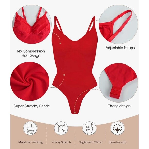 SHAPERX Women's Shapewear Bodysuit Tummy Control Body Shaper Seamless, Red, XS - Picture 3 of 5